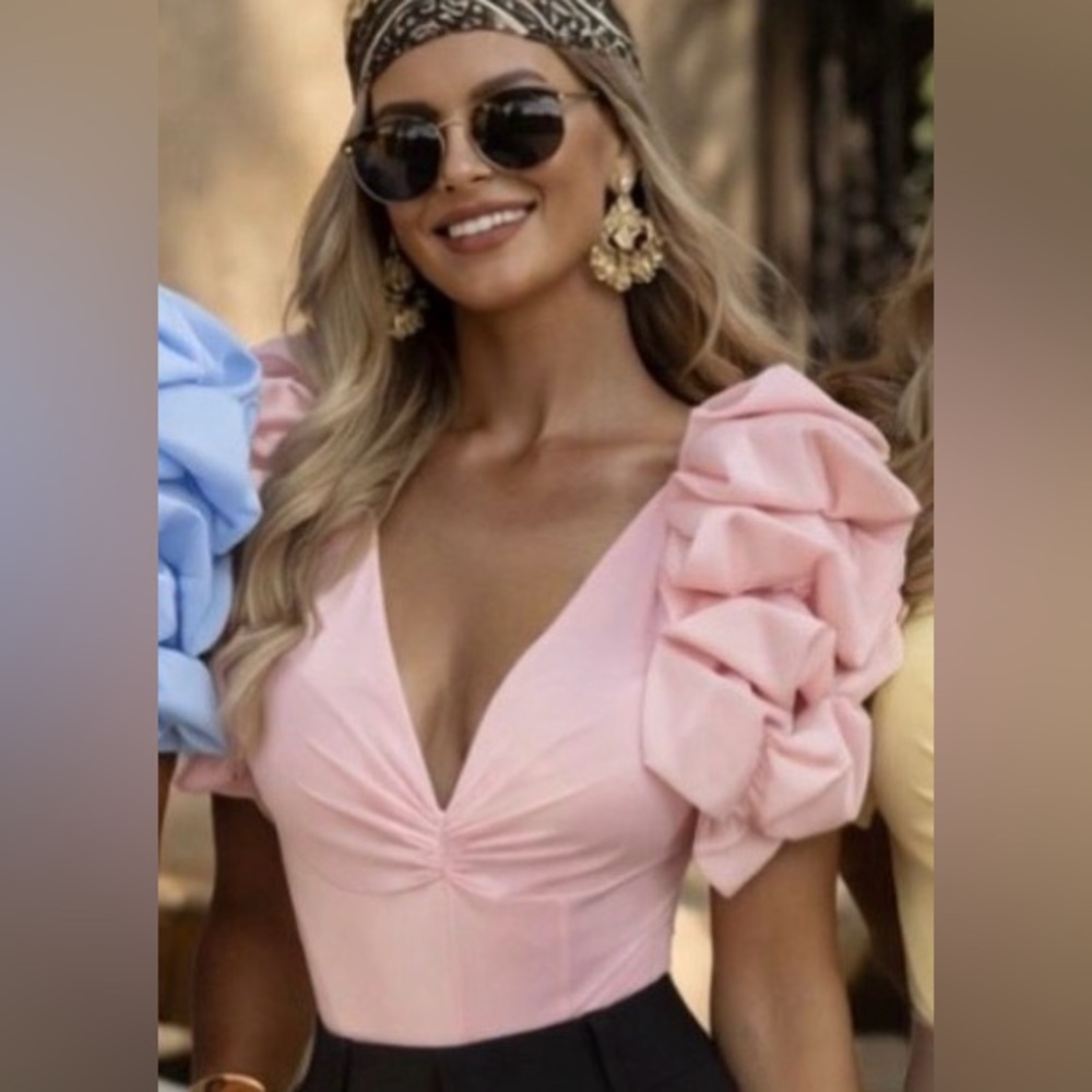 Women's Pink Ruffle Sleeve V-Neck bodysuit